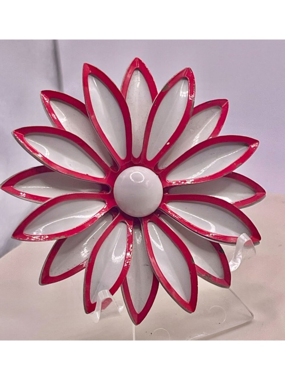Vtg 60s Retro Red & White Enamel Flower Power Brooch Large Multi-Petal Pop Art